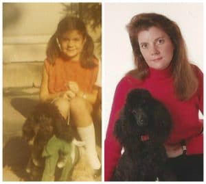 Side by side photos of young girl and black poodle and woman and black poodle.