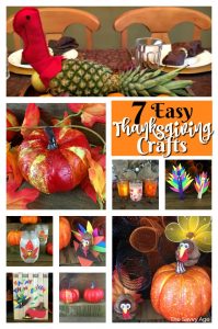 Collage of homemade Thanksgiving crafts: paper pumpkins, turkeys, walnut shell turkey, acorn turkey, mason jar turkey