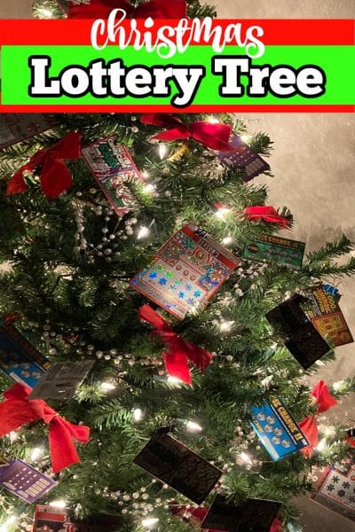 Christmas tree decorated with instant lottery tickets as ornaments.