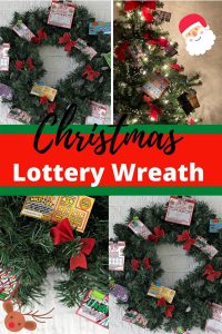 Collage of Christmas trees and wreaths decorated with instant lottery tickets.
