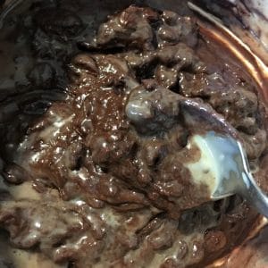 Chocolate chips melting in bowl.