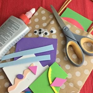 Materials for gift bag: colorful foam paper, scissors, glue, brown gift bag