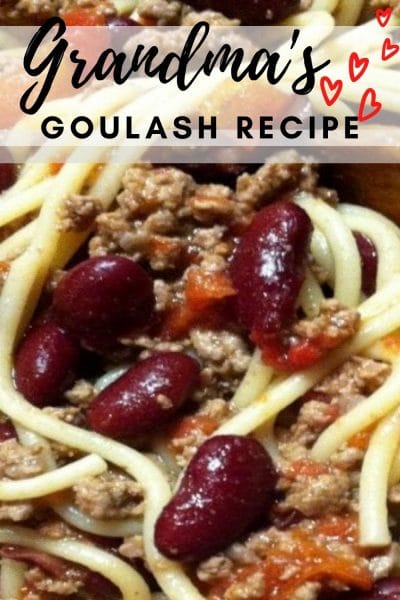 Goulash with red beans, hamburger, tomatoes and spaghetti.