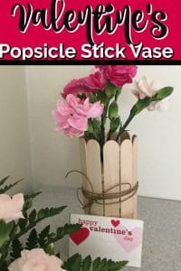 Vase made of popsicle sticks and filled with pink carnations.