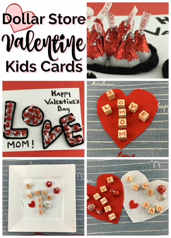 Collage of Valentine's Day cards made with red and silver Hershey Kisses: Black outlined letters of LOVE filled in with kisses, heart shaped card with wood blocks spelling I Love Mom and hershey kisses.