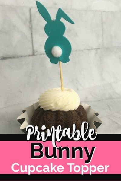 Chocolate cupcake in a silver wrapper with buttercream frosting topped with an aqua bunny cupcake topper on a toothpick.