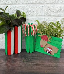 Christmas popsicle stick gifts; red, white, green popsicle stick vase and decoration with reindeer.