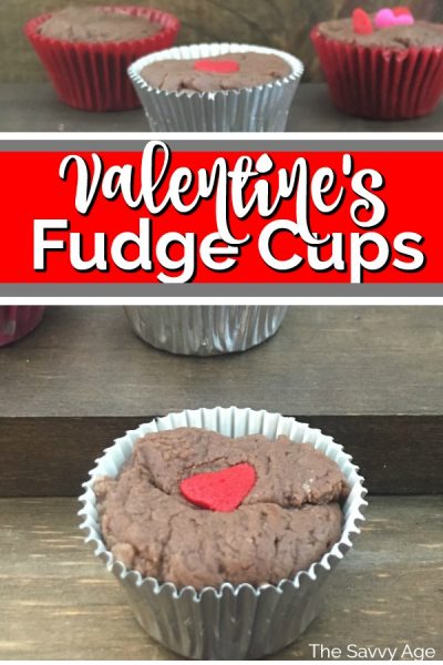 Fudge cup in a silver cupcake liner and decorated with a red candy heart.