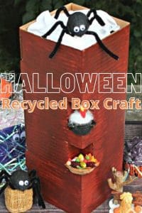 Recycled Halloween Box decoration collage. Tall box painted brown with windows for homemade Halloween decorations: walnut shell spider, Fall mini straw bale, Thanksgiving walnut shell of Fall vegetables.