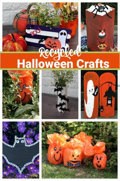 Recycled Halloween crafts in a collage: ceiling fan door hangers, recycled pumpkins, googly eye bats and popsicle stick bases, toilet paper roll decorations.