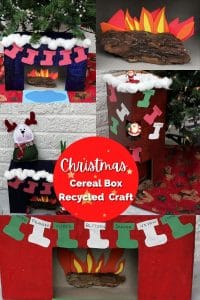 Collage of cereal boxes painted and made into a Christmas fireplace. Recycled bark is the wood, paper flames and stockings hanging on the fireplace.