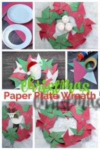 Paper Christmas wreath made of green and red construction paper pinwheels with three white candles as a centerpiece.