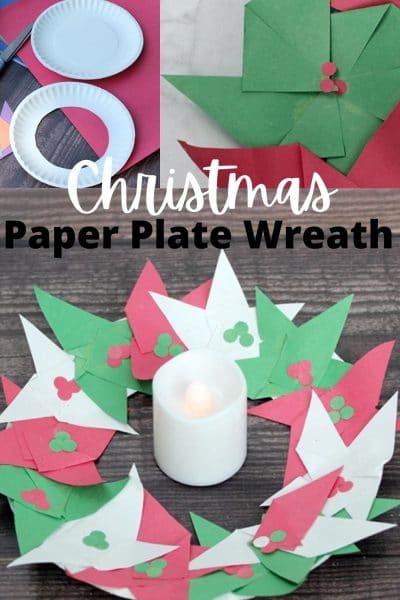 Christmas wreath made of red and green constructin paper pinwheels and a candle in the middle.
