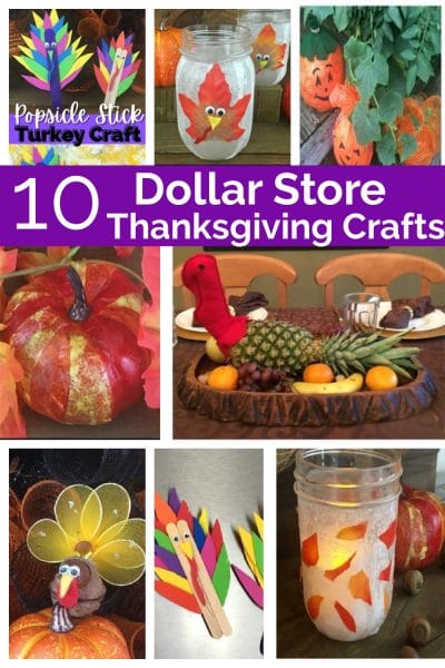 collage of dollar store thanksgiving crafts including pineapple made into a turkey centerpiece, walnut shells turkeys, popsicle stick turkeys, mason jar turkeys.