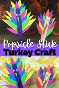 Collage of turkeys made of popsicle sticks and paper feathers.