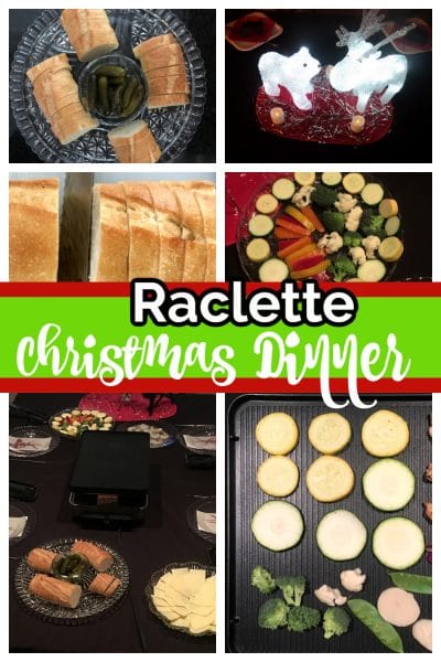 collage of raclette dinner table: raclette grill, platters of vegetables, bread and cheese.